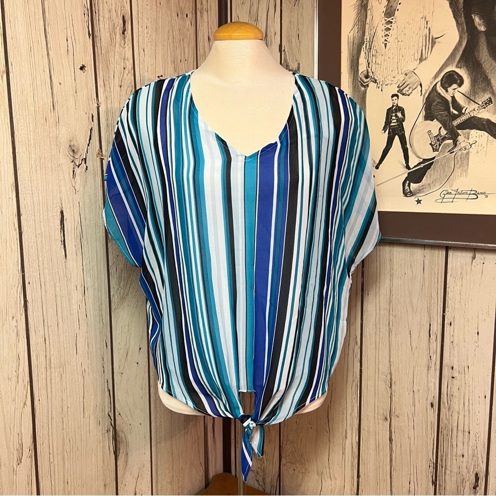 Cleo Women’s Small Blue Striped Summer Blouse Tee - Picture 2 of 8